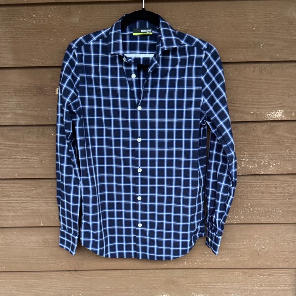 Murano Slim Fit Performance Navy and White Windowpane Dress Shirt size S